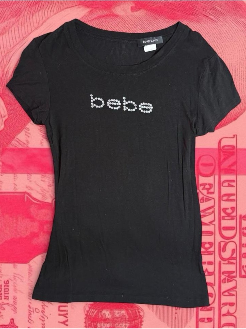 bebe y2k vintage mcbling black short sleeve top with silver rhinestone logo